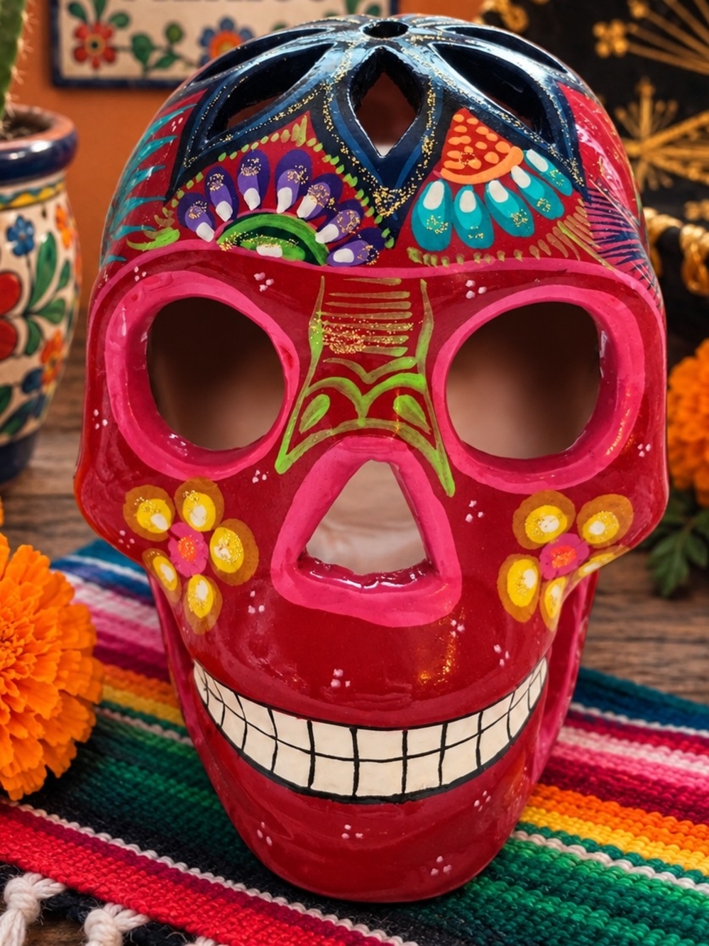 Vintage Mexican SUGAR SKULL Candleholder Day Of The Dead Skull Terra Cotta 5"